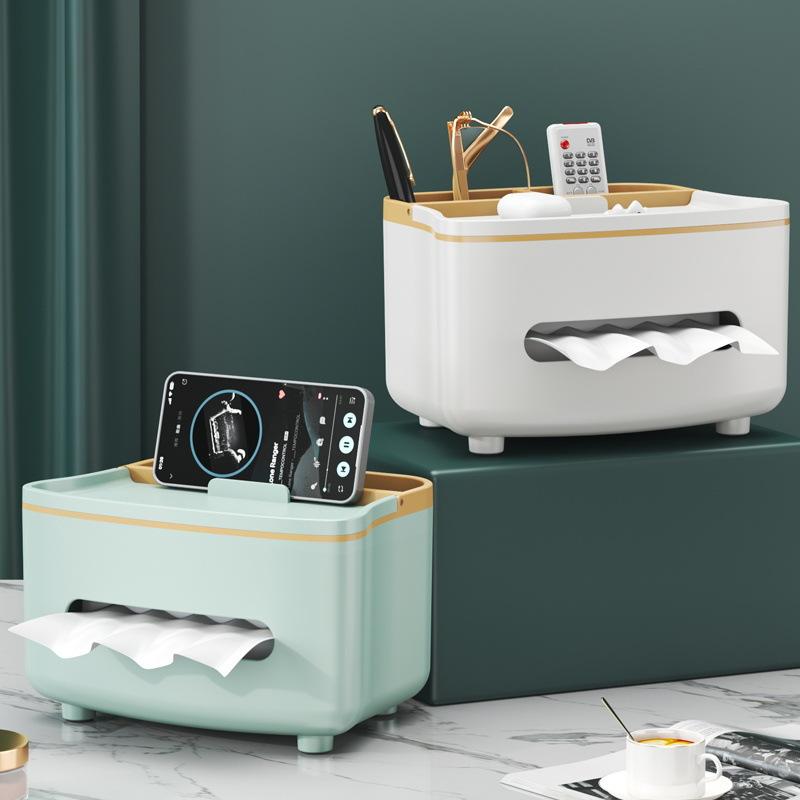 3-in-1 Remote Control Holder & Tissue Box, Tissue Dispenser with Storage Compartment, White/Mint Green - Plastic Coffee Table, Nightstand Centerpiece - Compatible with TV/Phone/DVD - Space-Saving Design, Office Organization & Storage