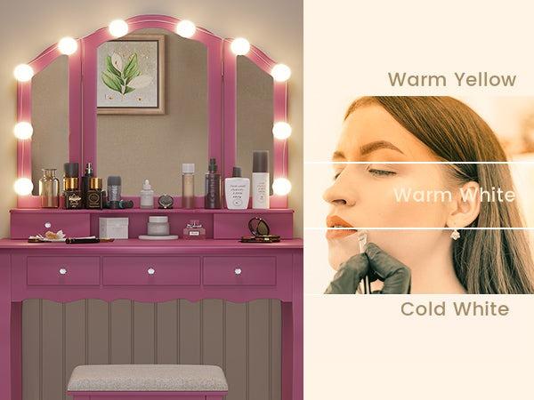 Sikaic Makeup Vanity Set with Lighted Mirror Stool Drawers and Cushioned Stool Desk Bedroom