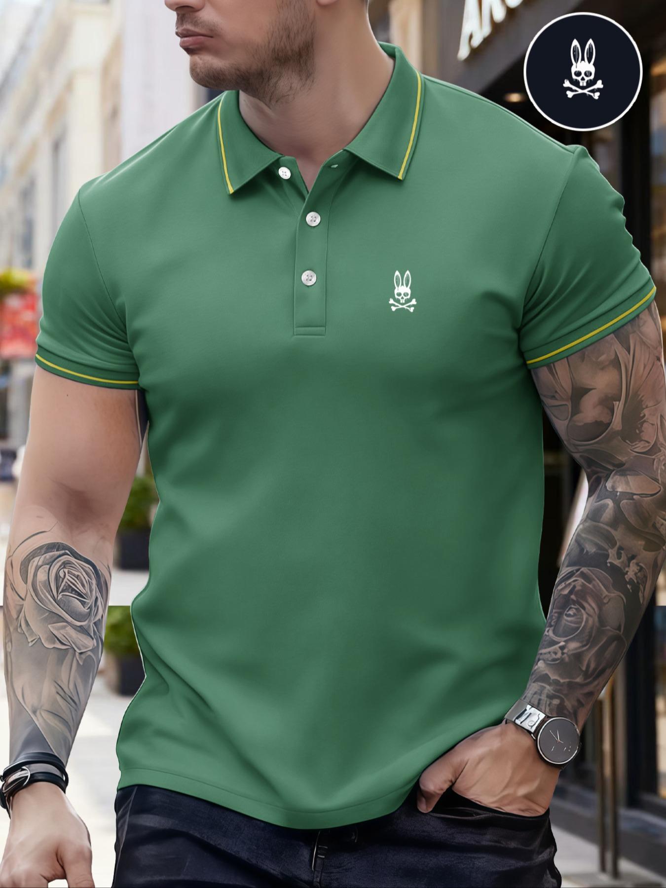 Men's Regular Fit Letter Print Skull Rabbit Contrast Trim Polo Shirt, Casual Short Sleeve Half Zip Top for Summer, Fashion Men's Clothes for Daily Wear, Menswear