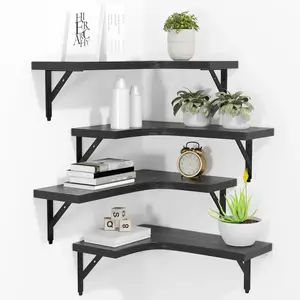 ROMGUAR CRAFT 4-Piece Rustic Wooden Corner Floating Shelf Set, Wall-Mounted Home Decor with Wall Mount Design, Storage & Display Shelves for Bathroom