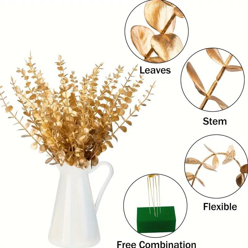 26 Gold Eucalyptus Branches, Artificial Leaves, 38cm Long, Perfect for Christmas and Valentine's Day Decor, Home Vase and Wedding Props, Plastic Material