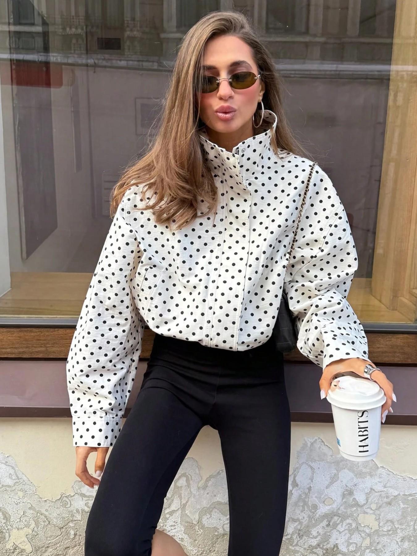 Women's New Aesthetic Polka Dot Pattern Adjustable Drawstring Jacket, Retro Zipper Stand Collar Outerwear for Everyday Wear, Casual Fashionable Jacket, Streetwear, Zip Up Jacket