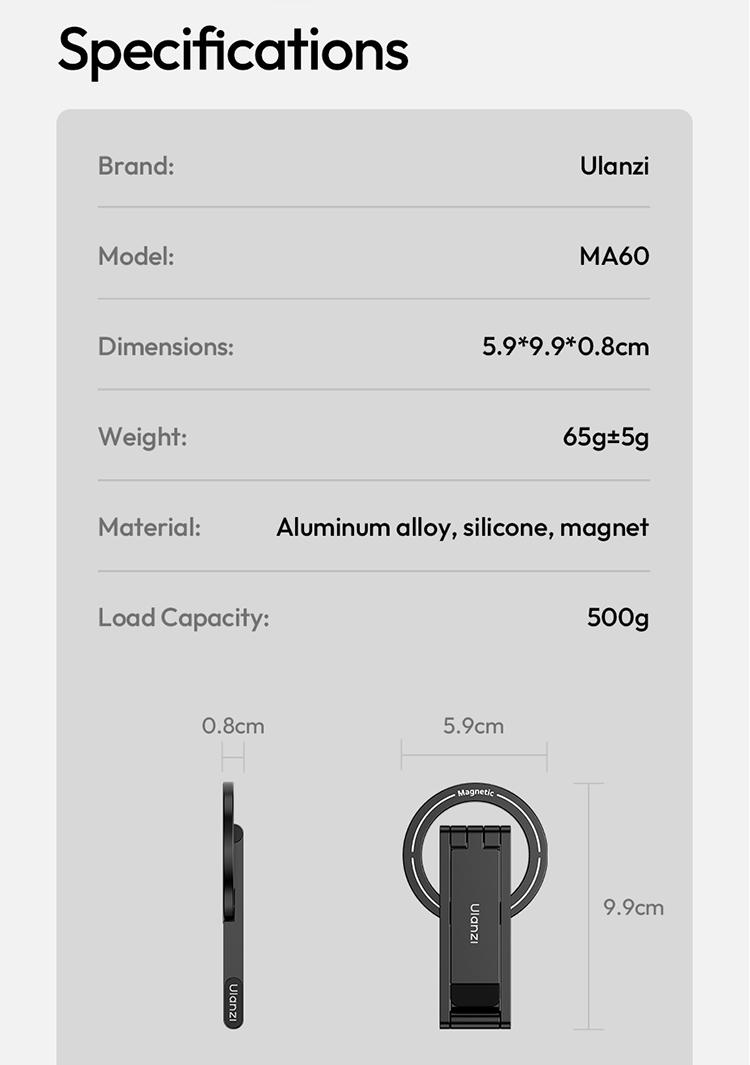 Ulanzi MA60 Magnetic Phone Stand for iPhone Aluminum Mini Foldable Tripod Pocket-Sized Cell Phone Stand with Magnetic Quick Mount Compatible with iPhone 12 13 14 15 16 Models - Smartphone Video Rig