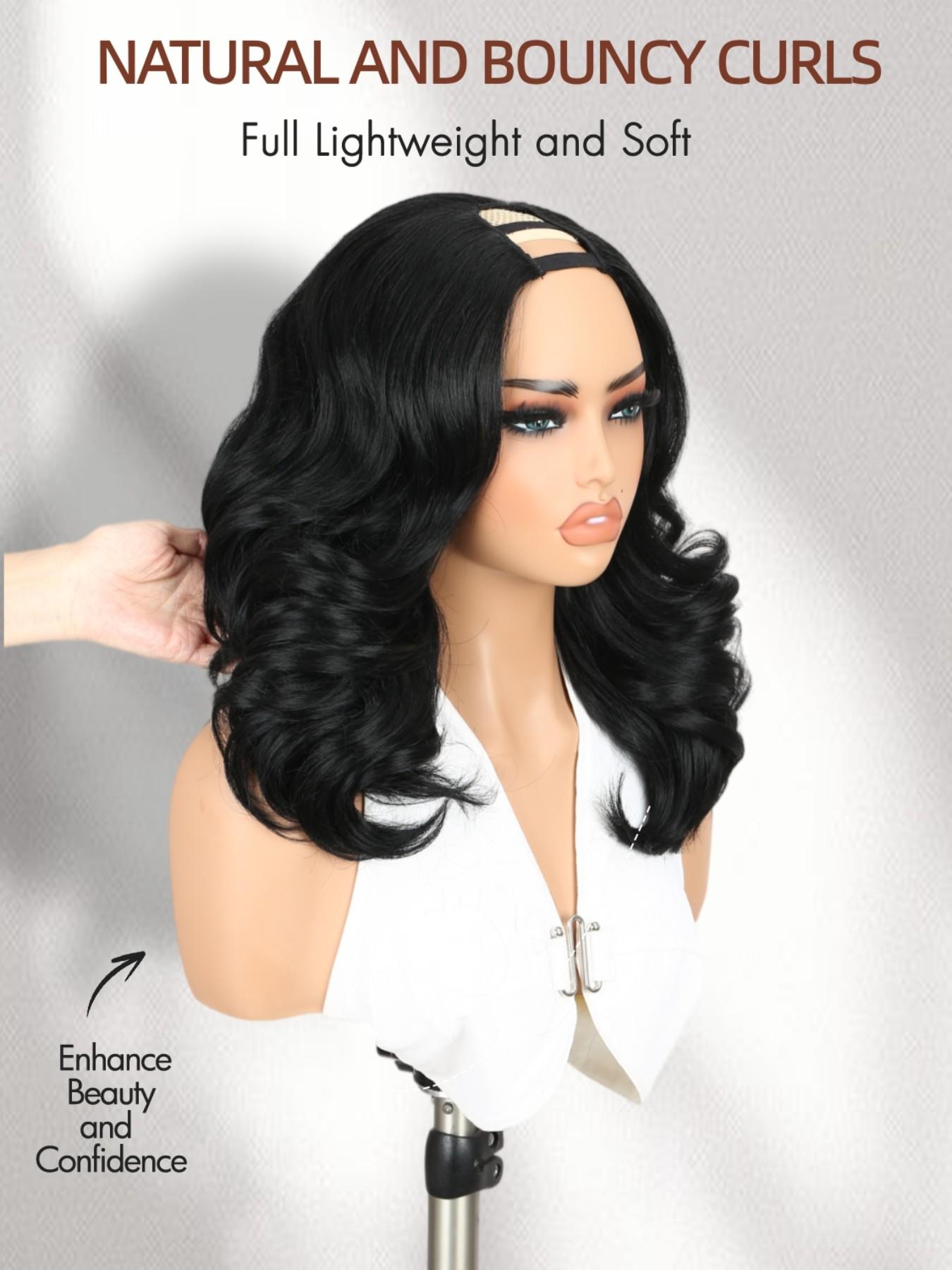 Women U Part Wig V Part Yaki Layered Curly Wigs, 16 Inch Clip-In Synthetic Wig, Heat-Resistant No-Sew-In Design, Natural-Looking