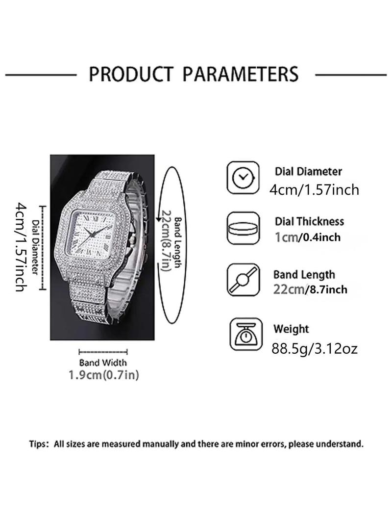 Men's Casual Fashion Quartz Watch, Square Rhinestone Decorated Alloy Case Wristwatch, Classic Simple Fashion Street Style For All Seasons, Black Friday Deal Watch Suitable For Casual Business Wear, Square Dial Wristwatch, Birthday Christmas Gift