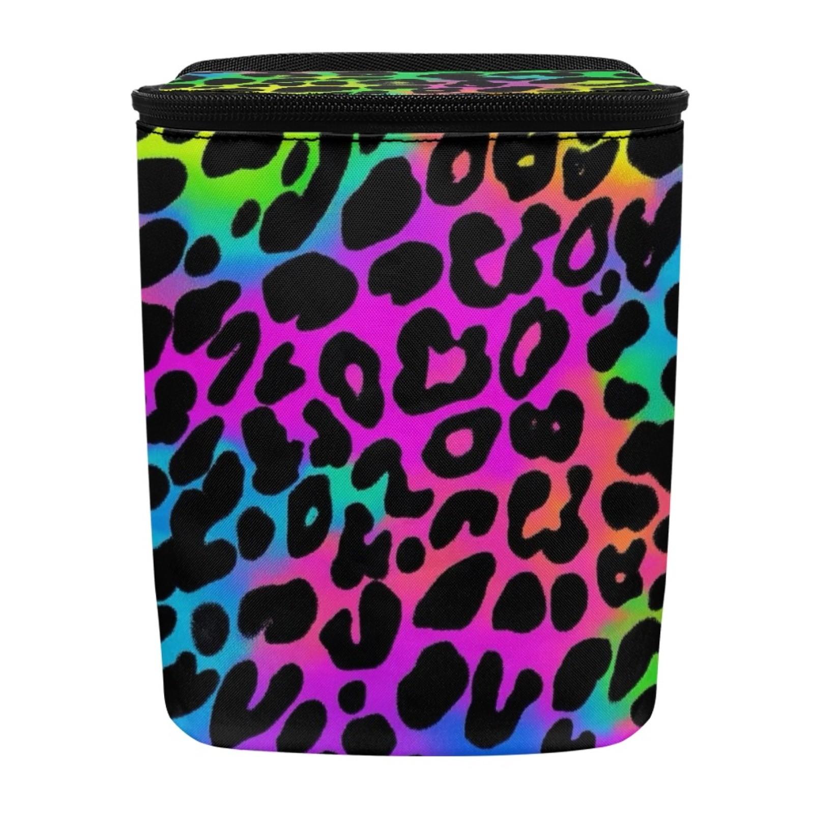 Colorful Leopard Print Polyester Car Trash Can with Zipper Lid, Adjustable and Foldable, Portable Vehicle Bin, Multi-Purpose Storage