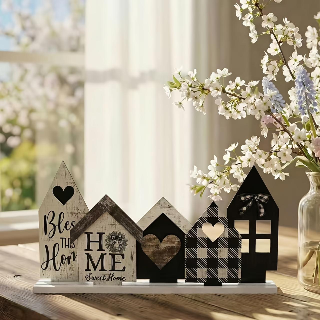 5 Piece Mini Wooden House Set, Nordic Style Home Decor, Vintage Holiday Decoration, Durable Wood, Handmade Look, Perfect Gift