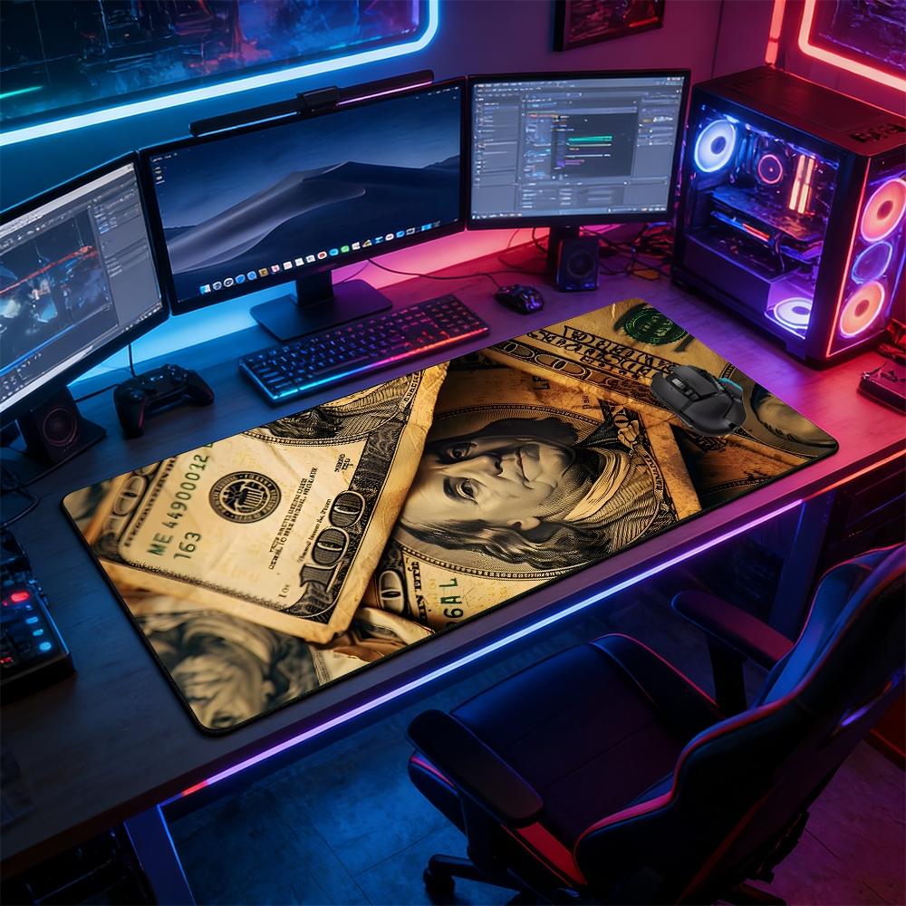 Vintage Cash Banknote Large Extended Gaming Mouse Pad, Non-Slip Rubber Base Stitched Lock Edge Desk Mat, Money Themed Artistic Design Desk Pad, Durable Computer Accessory for Home Office & Gaming Setup, Perfect Gift for Finance Fans & Gamers