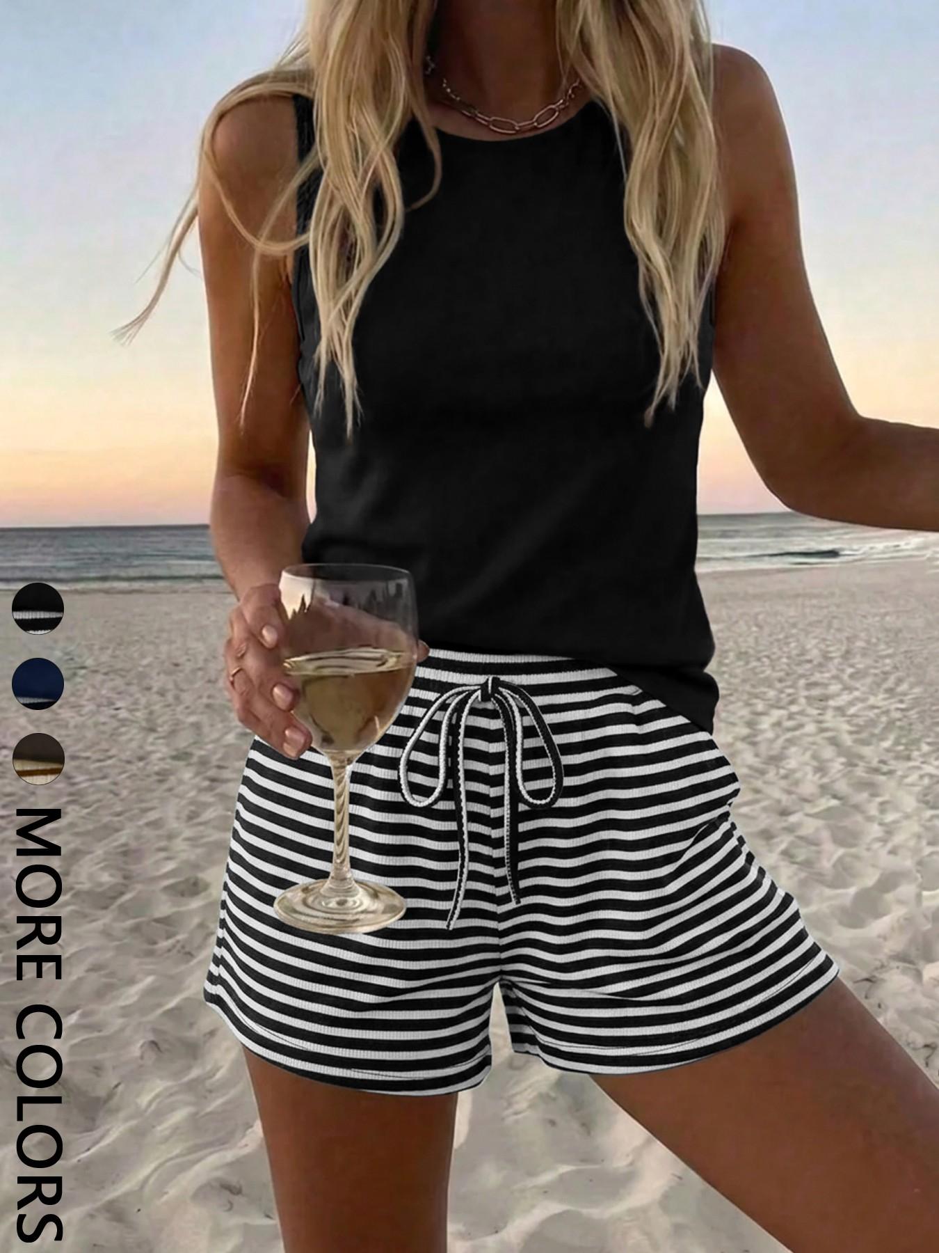 Summer Round-Neck Sleeveless Vest & Striped Shorts Beach Set, Casual Slim-Fit Matching Set