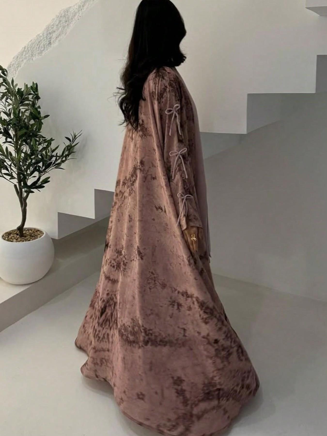 Vintage All Over Print Floral Bow Decor Long Outerwear and Solid Color Scarf Set, Lightweight Chiffon Fabric, Aesthetic Casual Women's Two-Piece Set for All Seasons