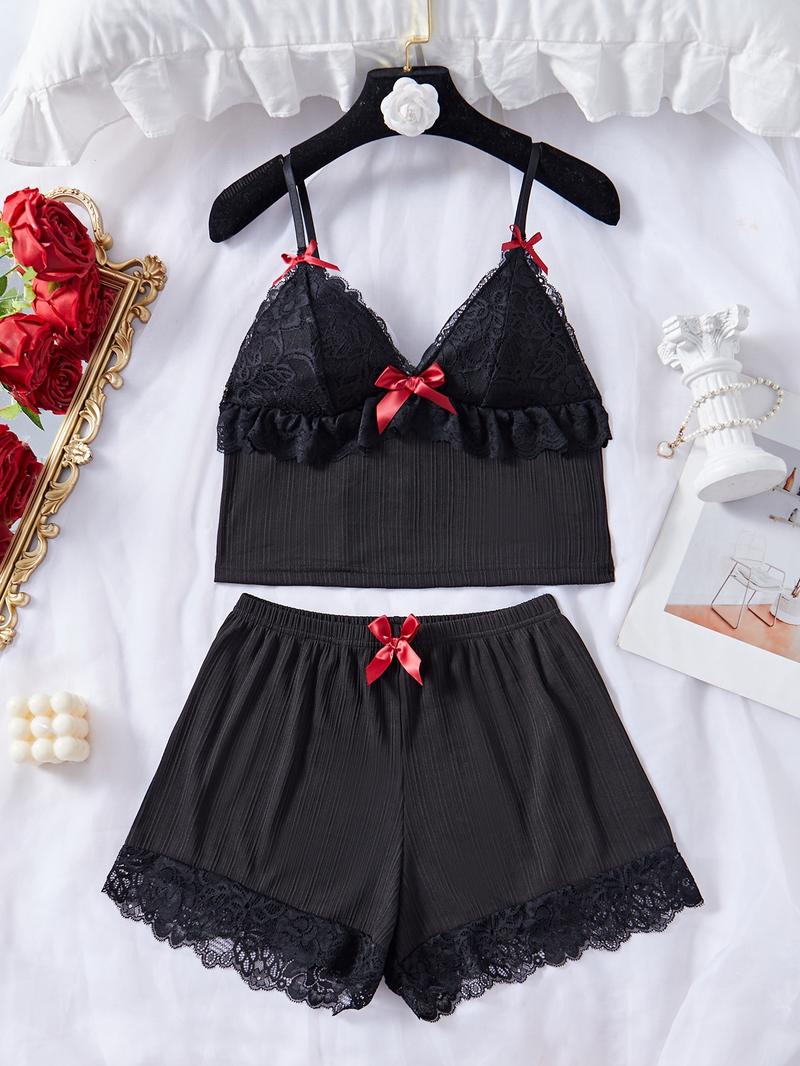 Women's Contrast Lace Bow Decor Ribbed Pyjama Two-piece Set, Cute Elegant Adjustable Spaghetti Strap Ruffle Trim Crop Camisole & Elastic Waist Shorts Pj Set, Ladies Sleepwear for All Seasons, Aesthetic Womenswear, Lingerie Nightwear