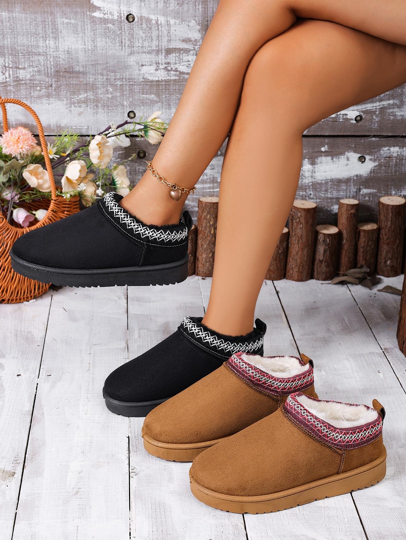 Women's Ethnic Geometric Embroidery Slip On Low Ankle Winter Mule Booties, Thick Fuzzy Fleece Lined Non-Slip Flat Warm Slipper Round Toe Boots with Pull Tab for Cold Weather Indoor Outdoor Daily Walking