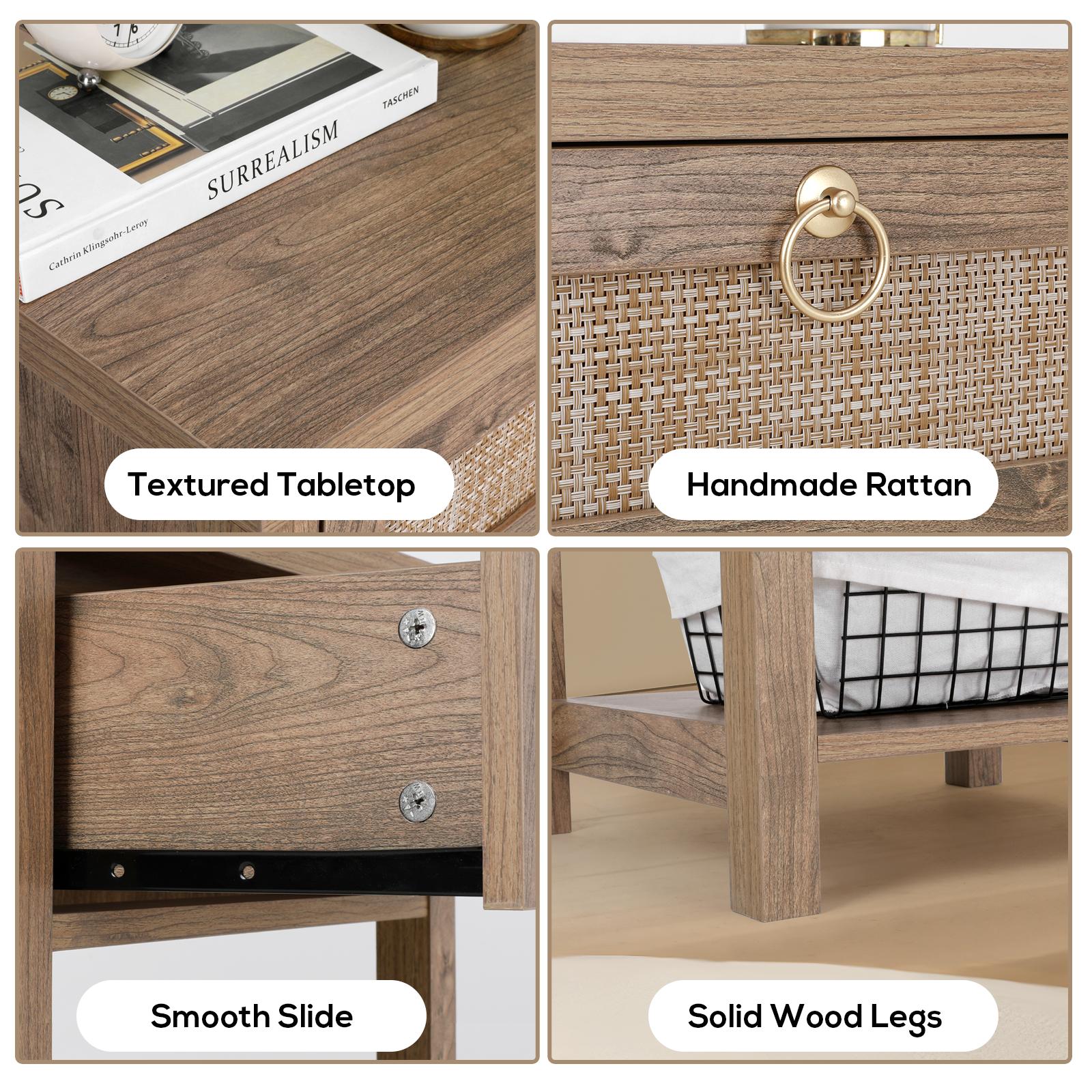 VOWNER Handmade Rattan Nightstand Set of 2, Mid Century Bedside Table with Storage Drawer and Open Shelf, Night Stand for Bedroom