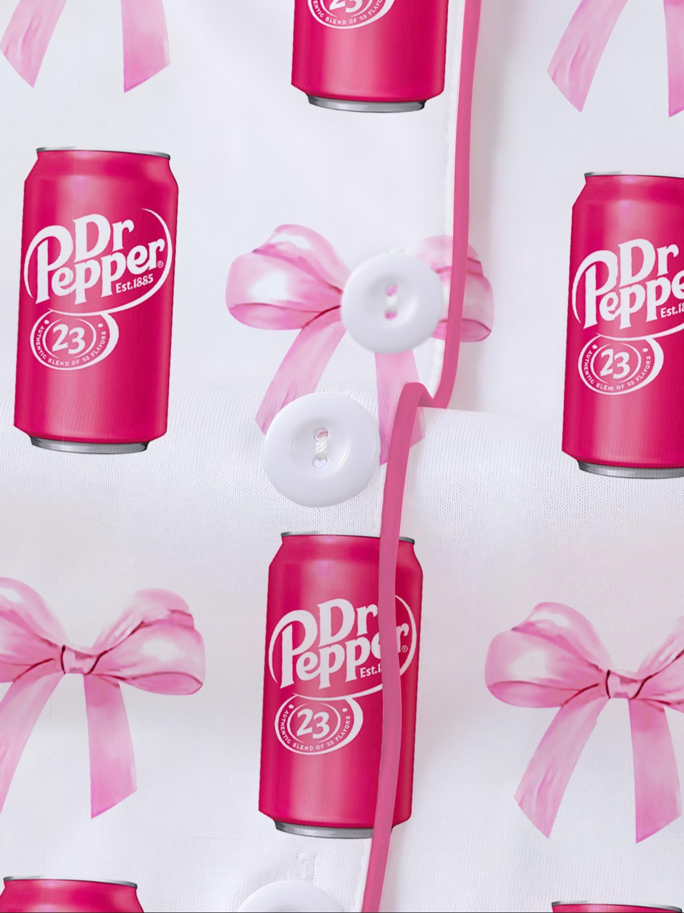 Dr Pepper Soda Bottle Bow Print Long Sleeve Pajama Set, Comfortable Fireproof Sleepwear, Loungewear, Fall Winter Home Wear, 2 Piece Set