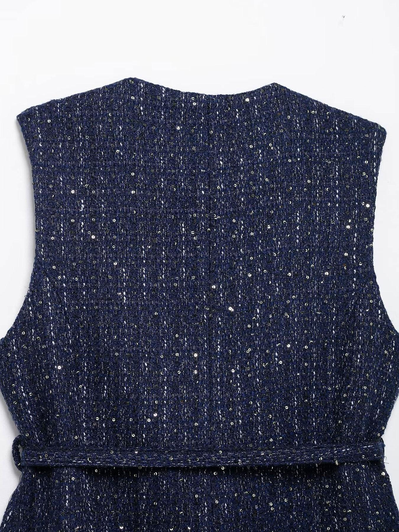 Women's Elegant Belted Sequined Vest, Round Neck Sleeveless Single Button Fitted Jumper, Vintage Fashion Commuter Style, Casual Daily Wear