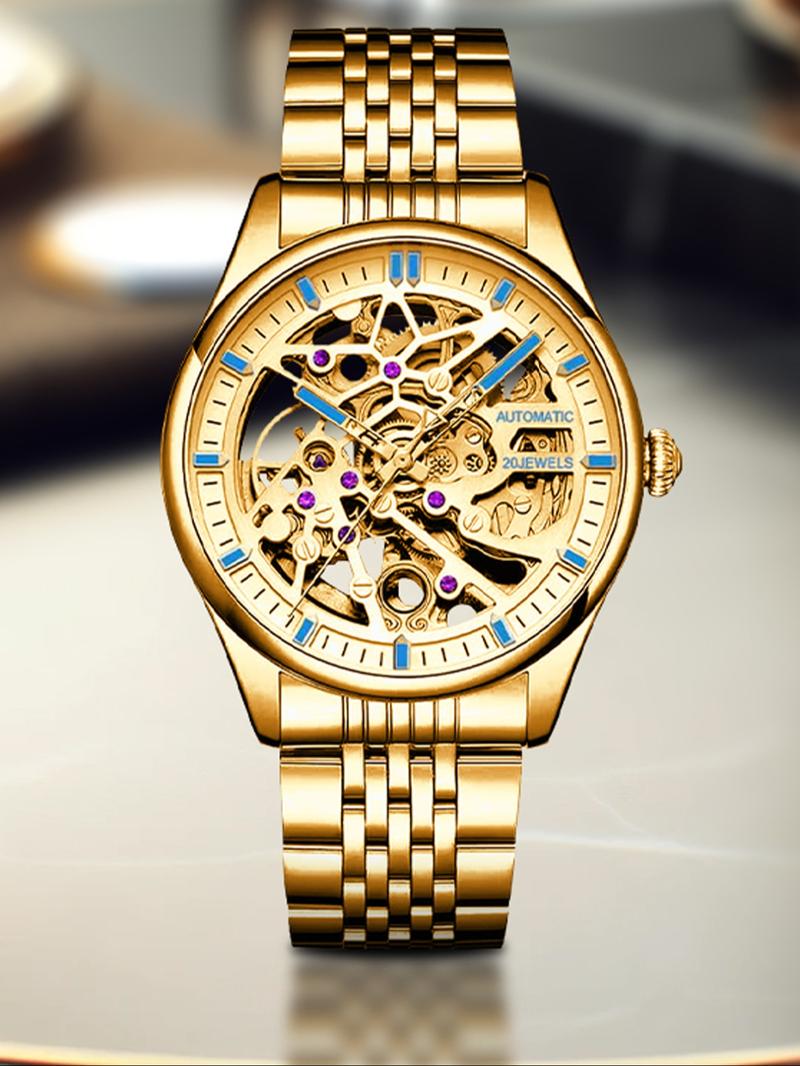 Men's Business Fashion Automatic Round Dial Mechanical Watch with Engraved Design, Elegant All-match Fashion Accessories for Daily Wear, Exquisite Accessories for Birthday Gifts, Mechanical Style Watches