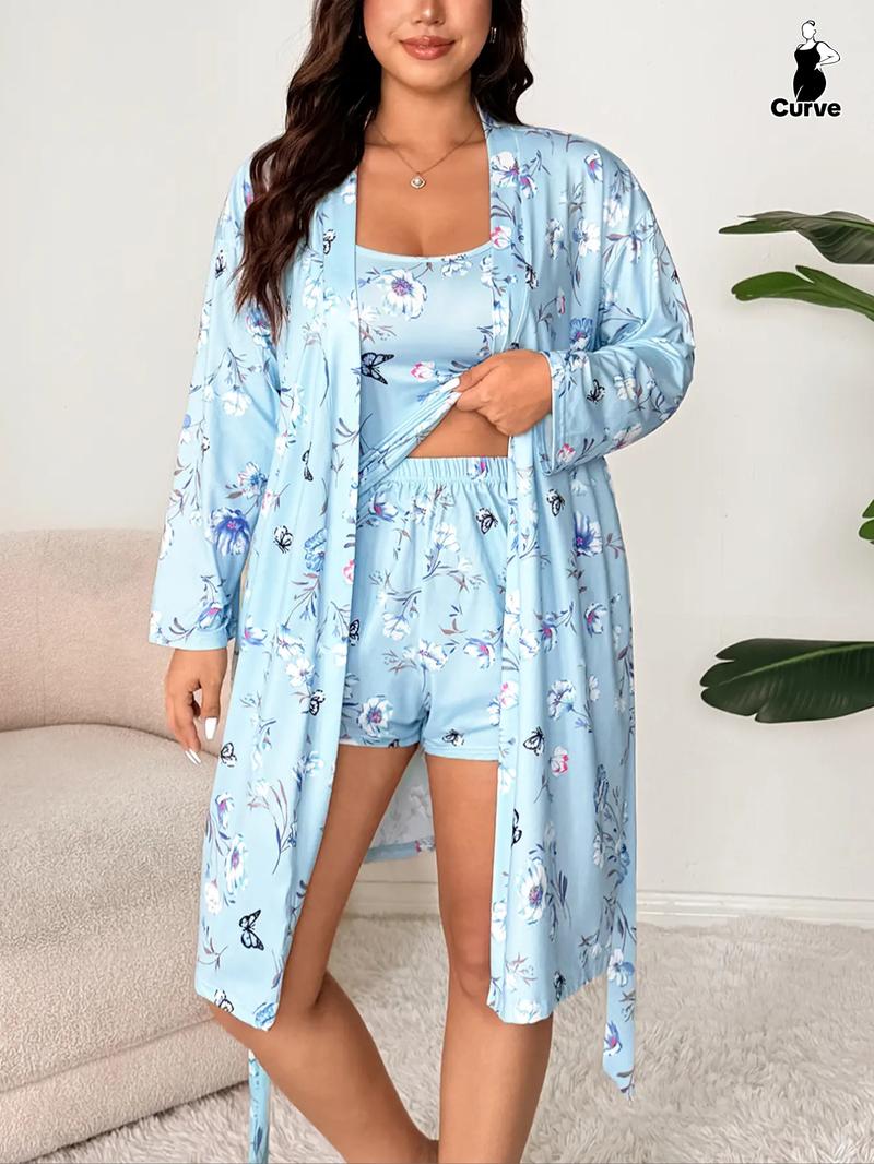 Plus Size Full Floral Butterfly Print Cami Shorts Set, Plus Size Floral Long Sleeve Robe 3 Piece for Spring & Fall, Casual Comfortable Sleepwear