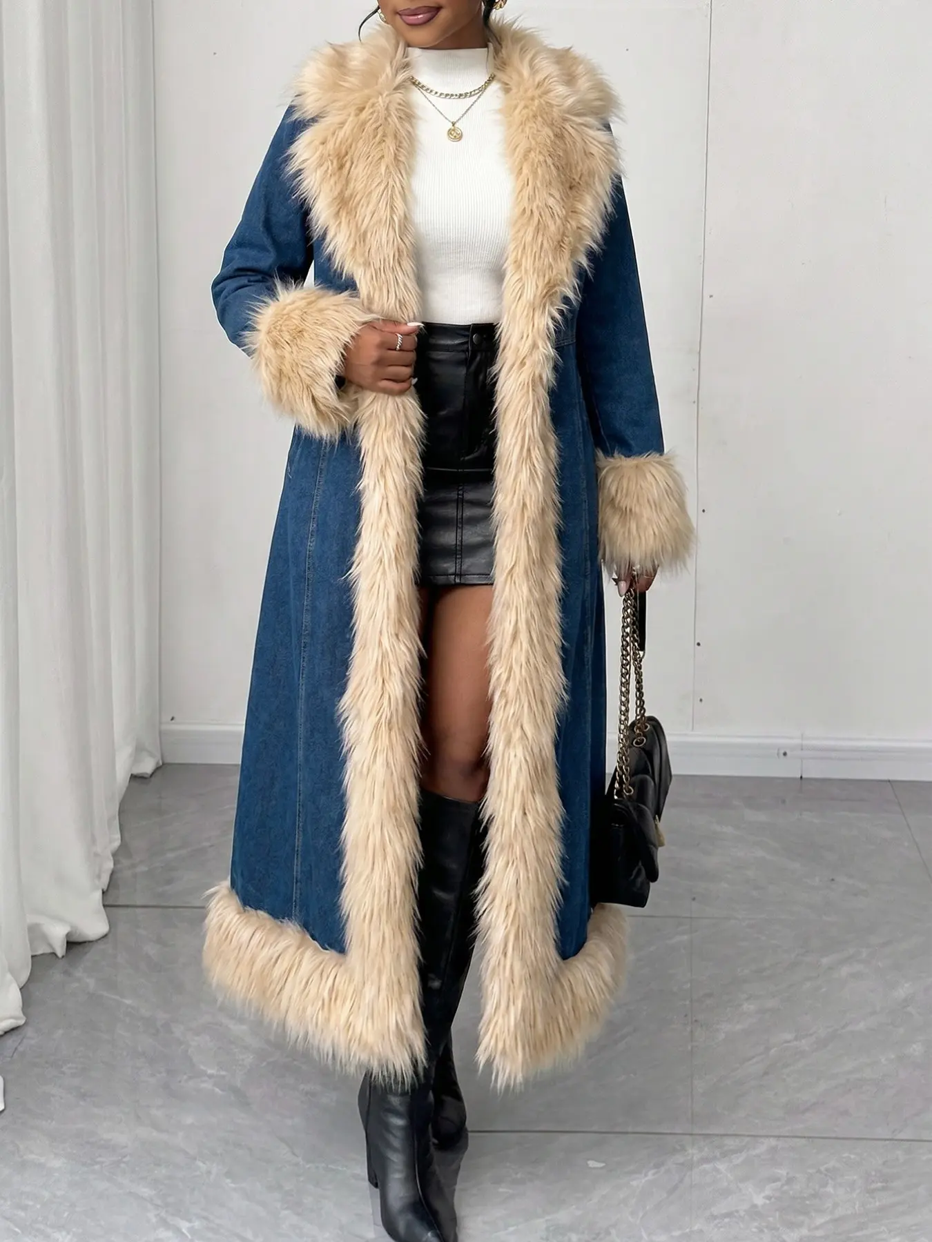 Vintage Long Denim Jacket for Women, Faux Fur Trimmed Belted Waistcoat, Fall Winter Atmosphere Coat, Unlined, Casual Style