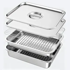 Grill Prep & Serve Tray Set with Lids, 5-Piece Food Prep System for Marinating, Carrying & Serving, Stainless Steel BBQ Trays for Raw & Cooked Food Separation (Rack Included)