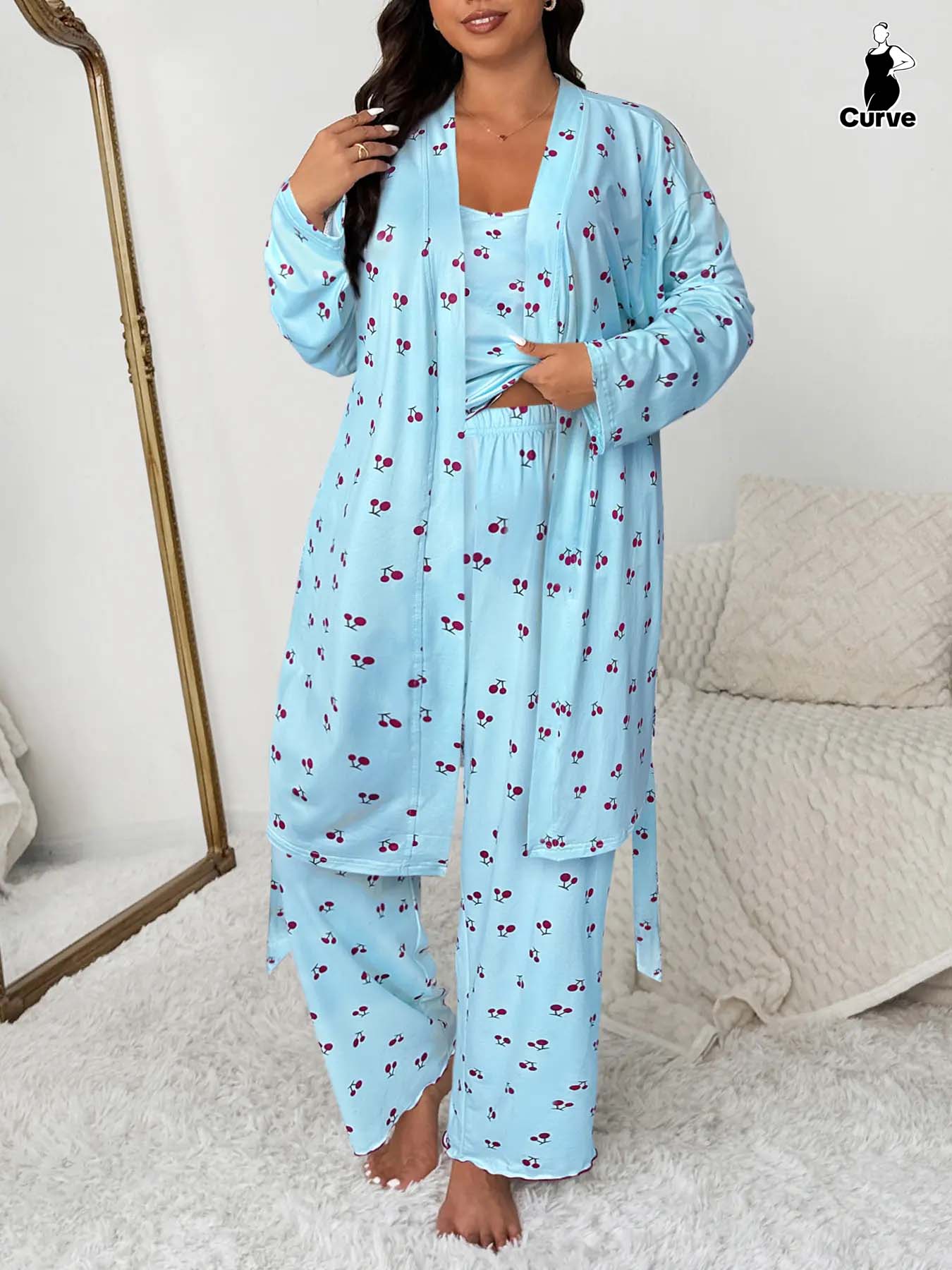 Plus Size Cherry Print Women's Sweet Comfortable Belted Robe & Sleeveless Long Pants & Cami Set, Three-Piece Pajama Sleepwear, Casual Home Wear Plus Size Cherry Print Women's Sweet Comfortable Belted Robe & Sleeveless Long Pants & Cami Set, Three-Piece Pajama Sleepwear, Casual Home Wear