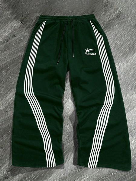 Men's Letter & Star & Striped Print Drawstring Waist Sweatpants, Regular Fit Casual Street Elastic Waist Straight Leg Trousers for Fall & Winter, Sports Casual Pants, Men's Bottoms for Daily Wear