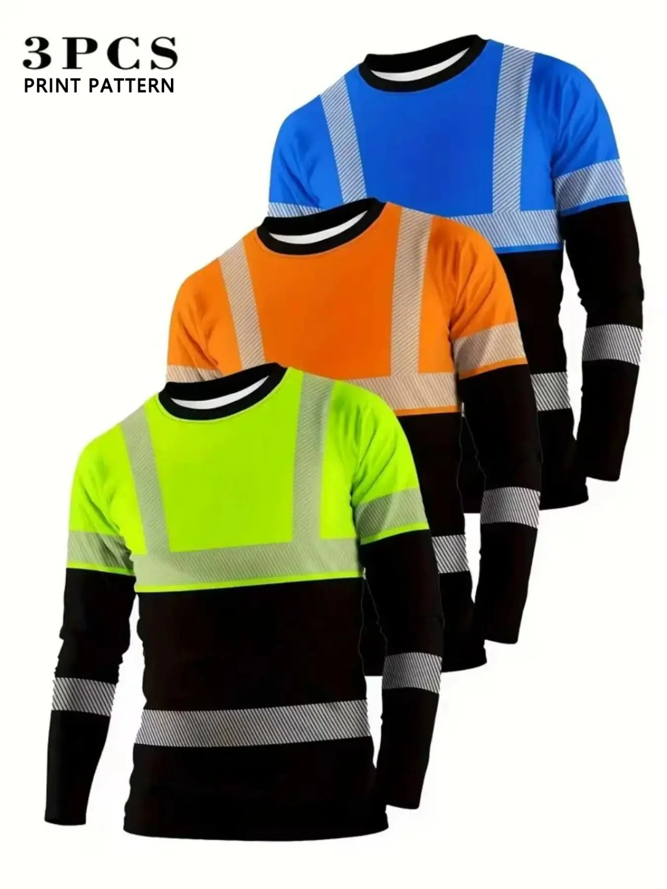 Three-Piece Reflective Stripe Base Long Sleeve T-Shirts, Round Neck Breathable Workwear, Casual All-Season Wear