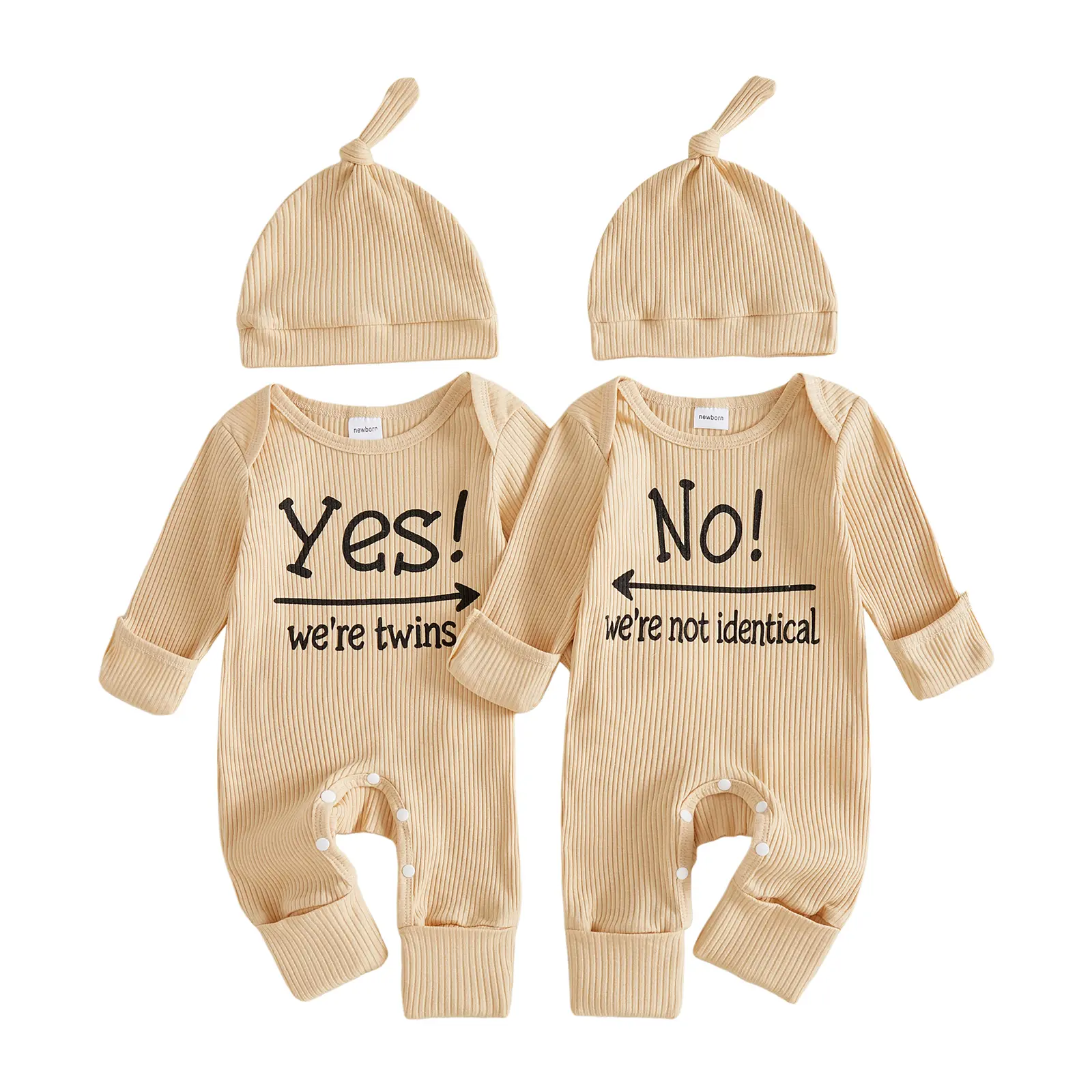 Newborn Twin Baby Boy Outfits Letter Print Ribbed Crew Neck Long Sleeve Romper and Hat Set 0-12 Months