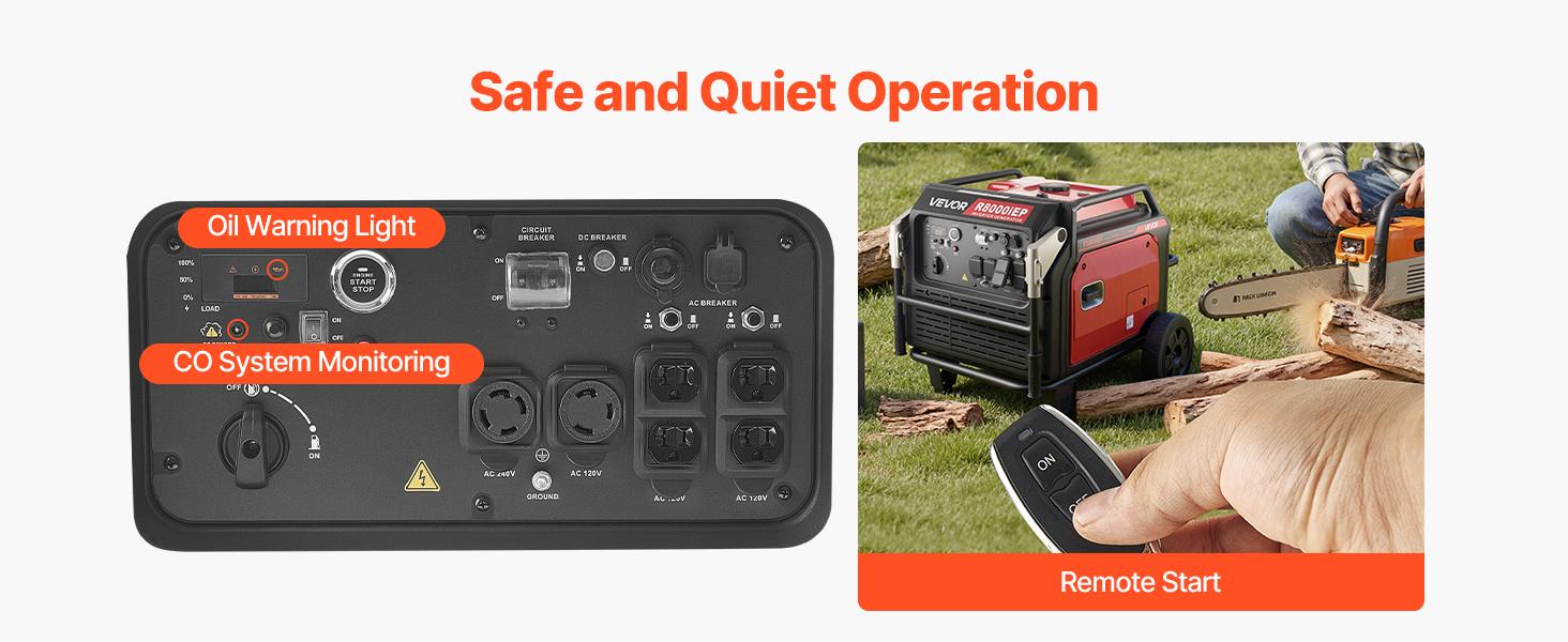 VEVOR Inverter Generator, 10000W Peak Watt 6800W Operating Watt Quiet Inverter Generator, Remote Start Inverters Generators for Home Outdoor, Gas Powered, Stable Power, CO Sensor, RV Ready 1A 2.1A Outlets, Long Run Time