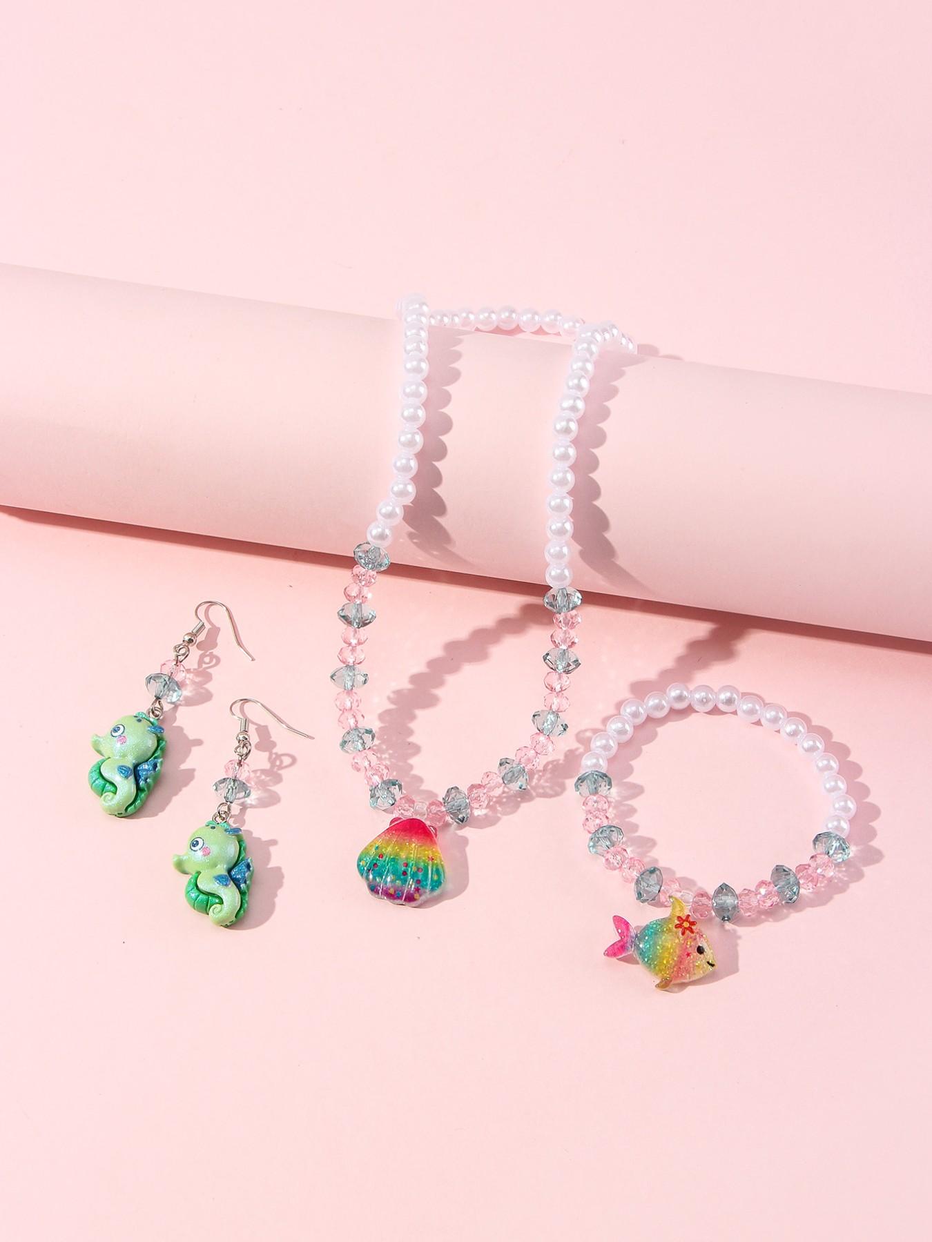 4pcs/set Acrylic Ocean Animal Pendant Pearl Bead Necklace Bracelet Set, Cute Butterfly Pattern, All Seasons, Perfect Gift for Girls