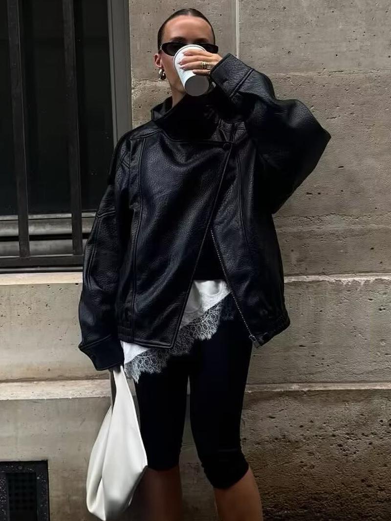 2026 Women's Black PU Leather Jacket, Oversize Asymmetrical Outerwear with Zipper, Long Sleeve Street Style Biker Jacket for Autumn