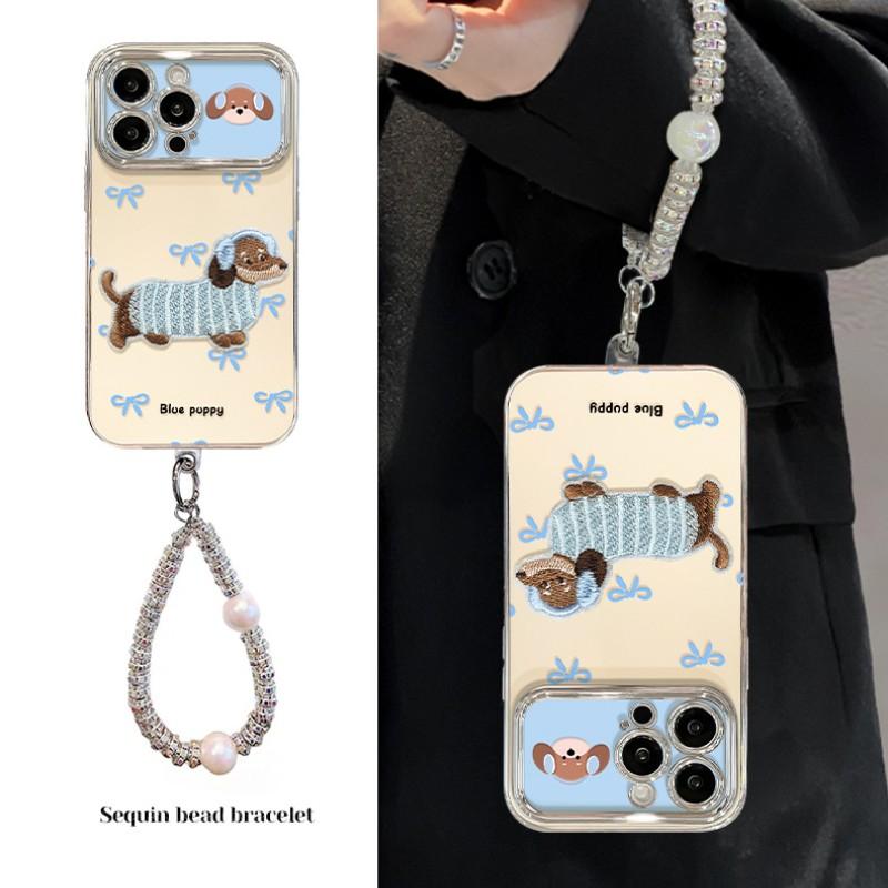 Cute Embroidered Dachshund Phone Case for iPhone 17 Pro Max/17 Pro/17 Air/17, Electroplated Silicone Shockproof Cover with Bling Wrist Strap, Blue Puppy Bowknot Design Protective Case for Women Girls