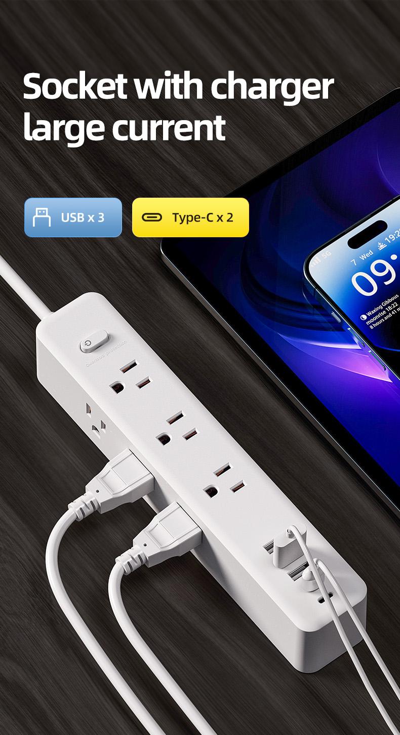 Surge Protector Outlet, 9 Ac Sockets, 3 USB Ports, 2 Type-C, Wall Mountable, Overload Protection, /, Versatile Use