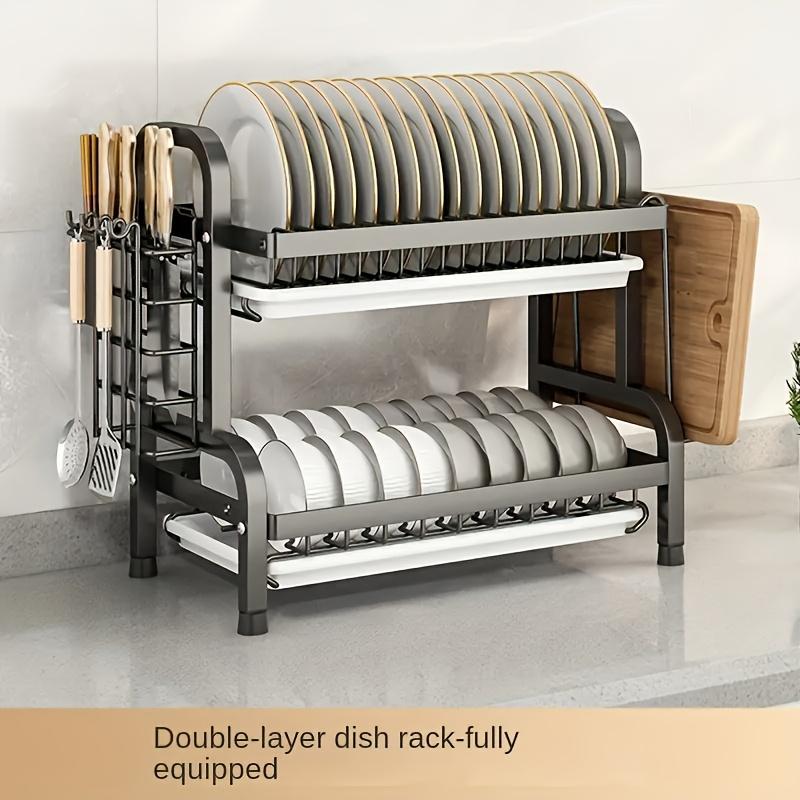 Kitchen Organizer with Drainage System - Dish Drainer, Dish Racks, Multifunctional Tableware Storage Rack, Durable Carbon Steel Material, Double-Layer Design with Knife Holder and Cutting Board Storage