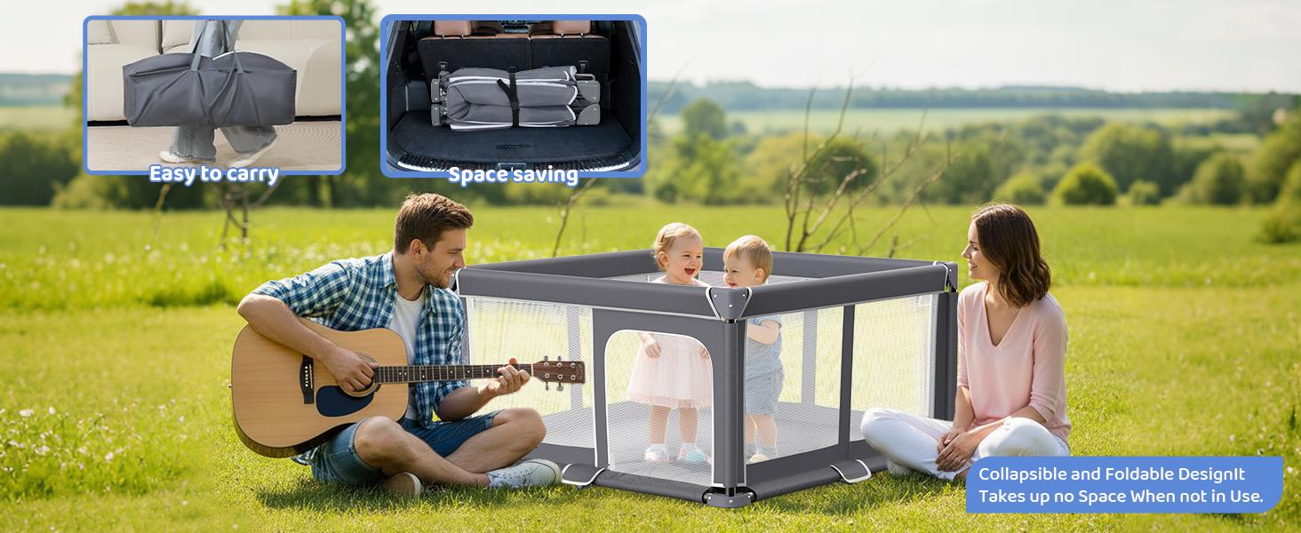 Dark Gray Unisex Folding Playpen for Babies & Toddlers - Collapsible Frame, Safe Materials, Sturdy, Secure, Indoor-Outdoor Use, Portable Travel Play Yard with Carry Bag