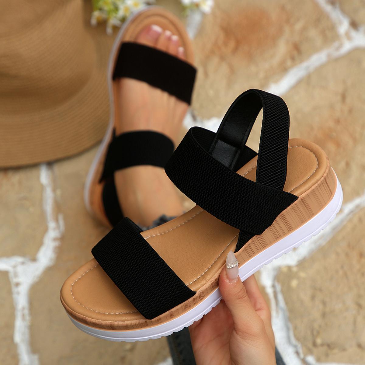 Minimalist Stretchy Strap Slingback Wedge Sandals, Layer Platform Everyday Summer Footwear for Women, Strappy Wedge Sandals