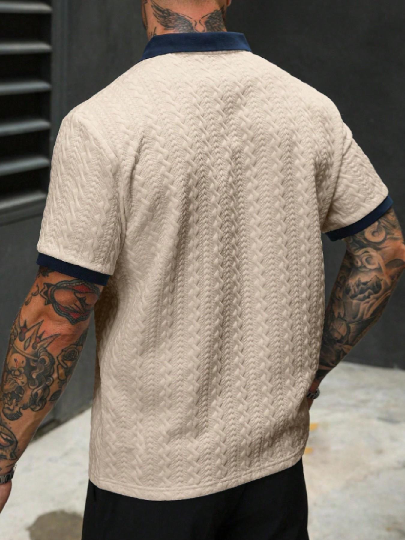 Men's Retro Colorblock Polo Shirt, Textured V Neck Short Sleeve Top, Casual Street Style, Summer Fashion, Fitted Leisurewear