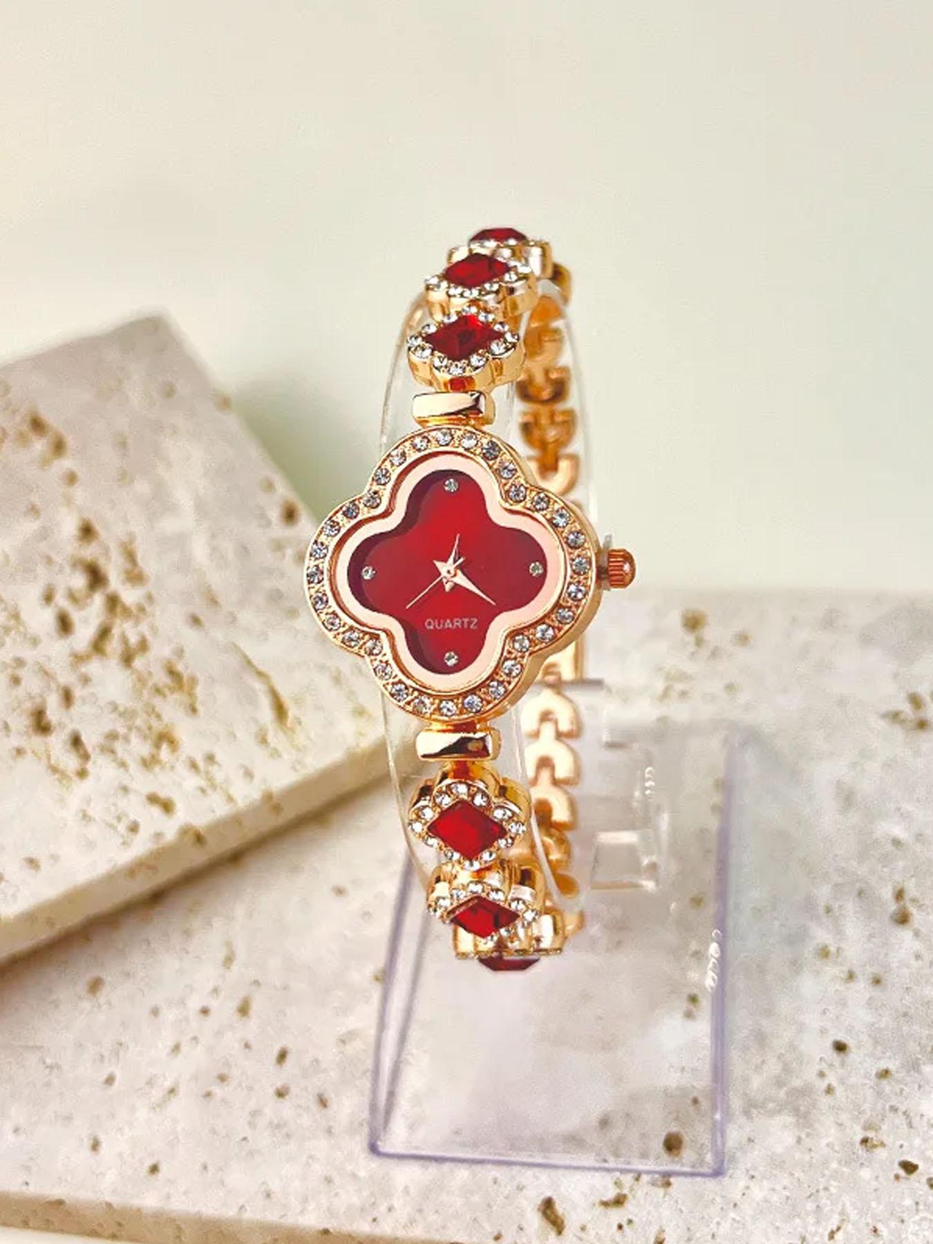 2-Piece Fashion Clover Bracelet Quartz Watch Emerald Women's Watch