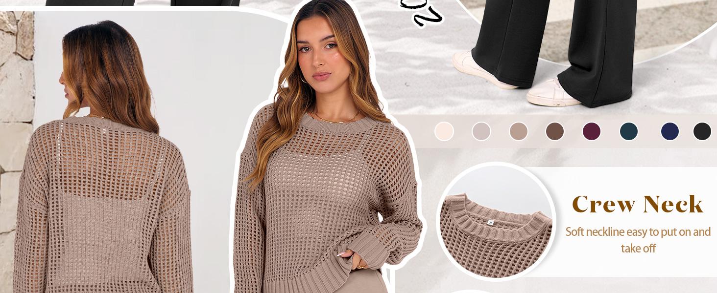 ANRABESS Womens 2 Piece Outfits Crochet Sheer Knit Sweater Top Wide Leg Pants Lounge Sets Sweatsuit 2025 Fall Travel Clothes