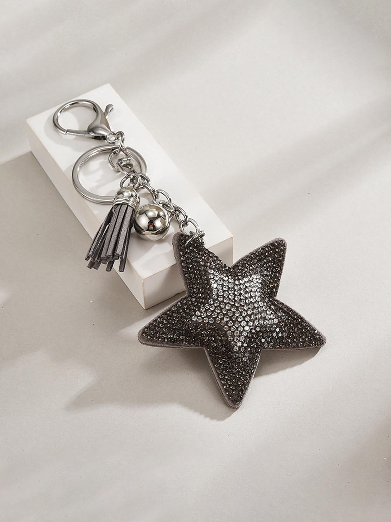 Elegant Two-Tone Rhinestone Star Sequin Keychain, Boho Style Beach Bag Charm, Dual-Sided Design, Fringe Key Ring Accessory