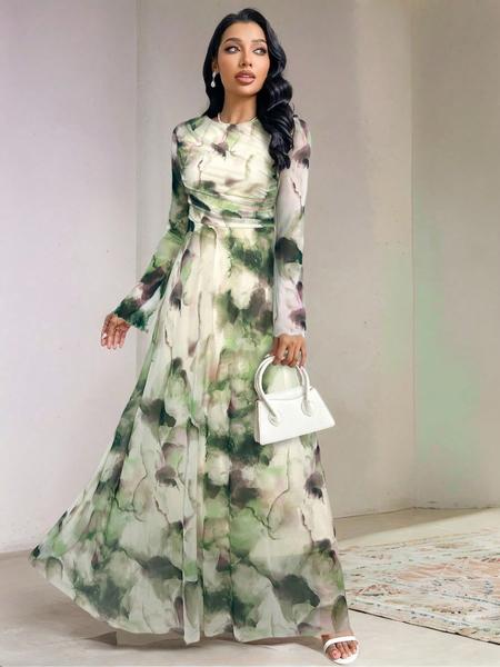 Elegant Women's Tie-Dye Print Long Sleeve Round Neck Maxi Dress, Party Wear Formal Gown, Ladies Fashionable Evening Dresses, Floral Dress