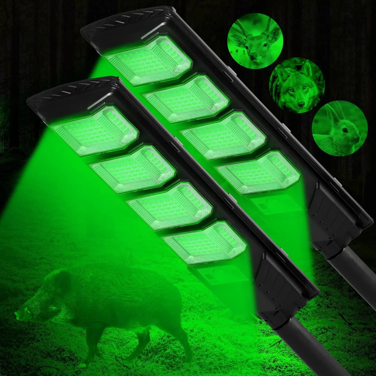 Hog Lights for Night Hunting, 12000LM Solar Green Hunting Light with Remote, Motion Sensor and Waterproof, Hog Light for Predator Coyote Hog Deer Varmint— Perfect Hunting Accessories (2 Pack)