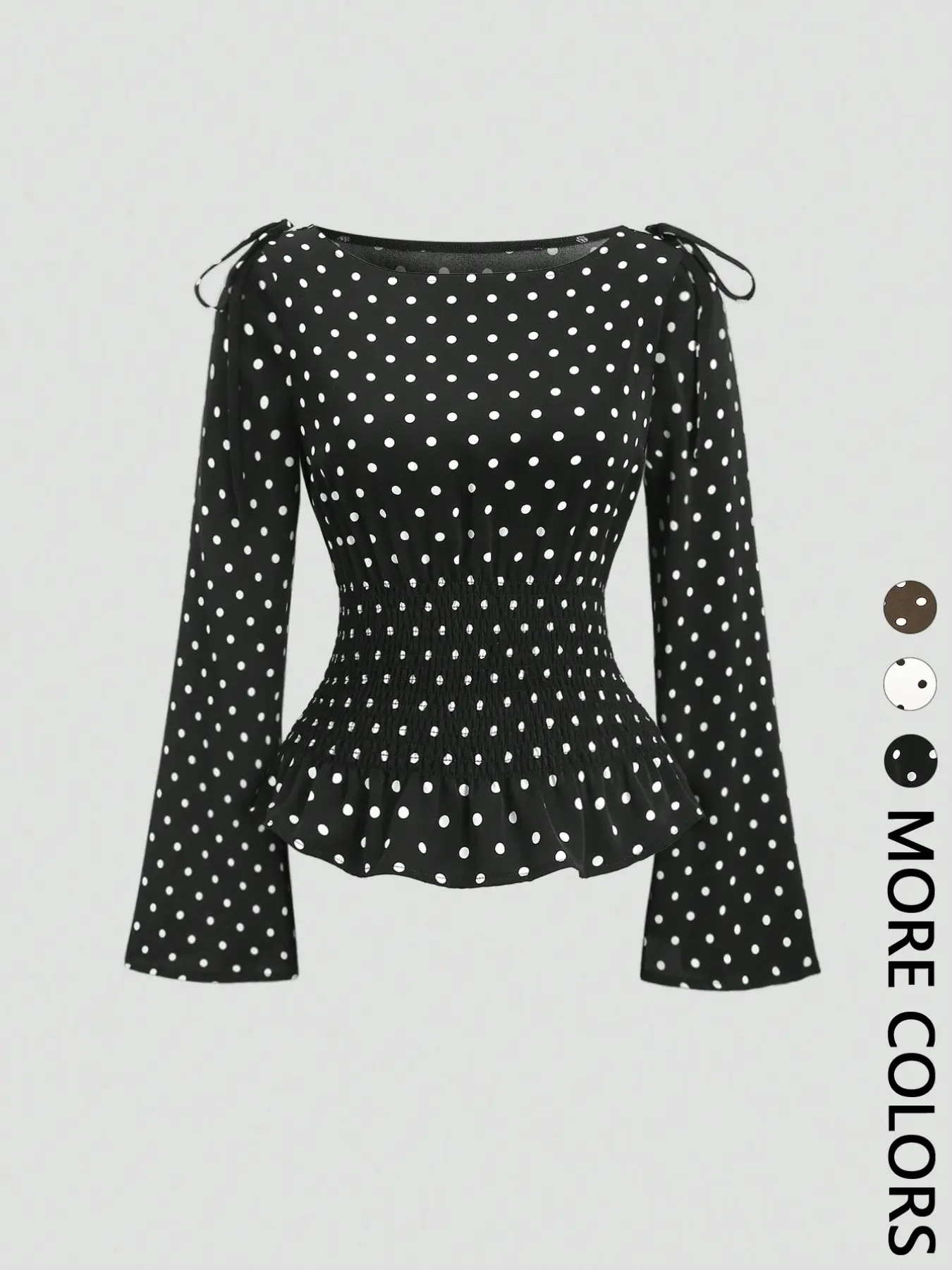 Women's Vintage Polka Dot Long Sleeve Top, Tie Shoulder Straps, Waist Cinch, Ruffled Hem Shirt, Retro Style Fashion