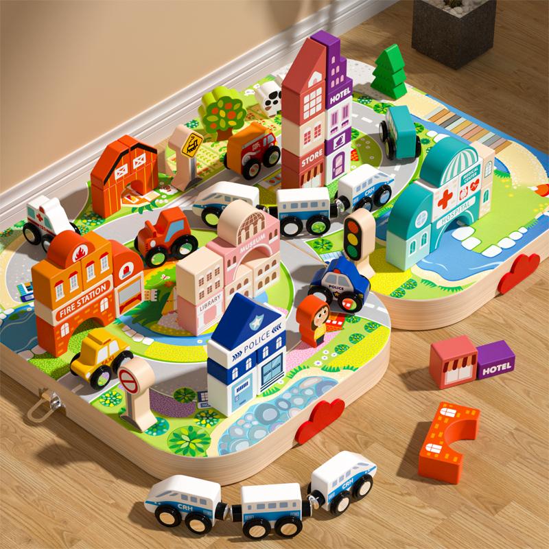 Cityscape Creative Wooden Building Blocks, Educational Toy for Kids, Magnetic City Playset with Cars, Traffic Signs, and Miniature Buildings, Fine Motor Skills & Imagination Development, Birthday Halloween Gifts For Boys Girls
