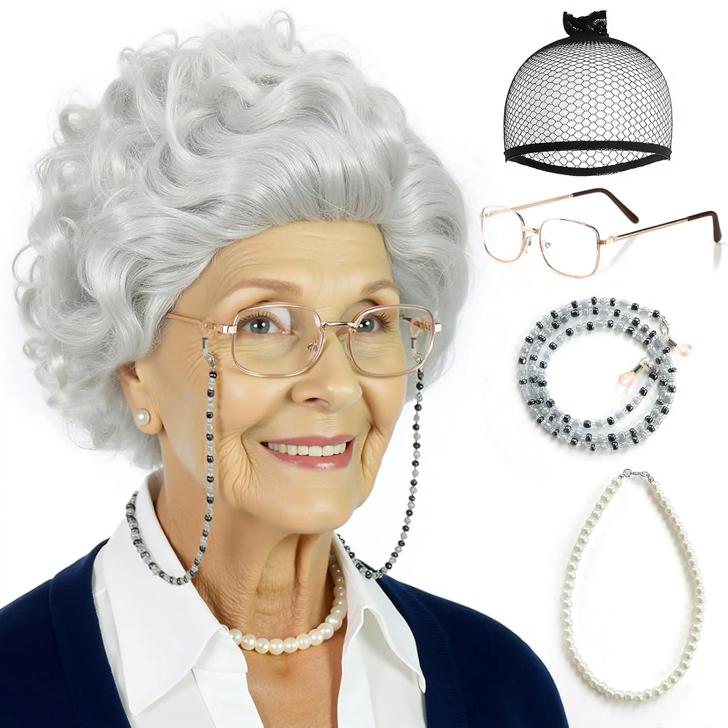 5Pcs Short Grey Curly Grandma Wig Set with Hair Cap, Glasses, Eyeglass Chain & Necklace - Old Lady Costume for 100 Days of School, Halloween Party(Gift)