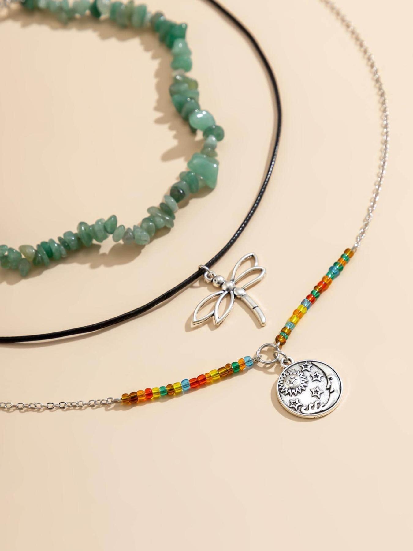 3pcs/set Women's Boho Style Dragonfly Pendant Necklace & Beaded Necklace, Vintage Retro Trendy Necklaces, Exquisite Jewelry without Box for Women