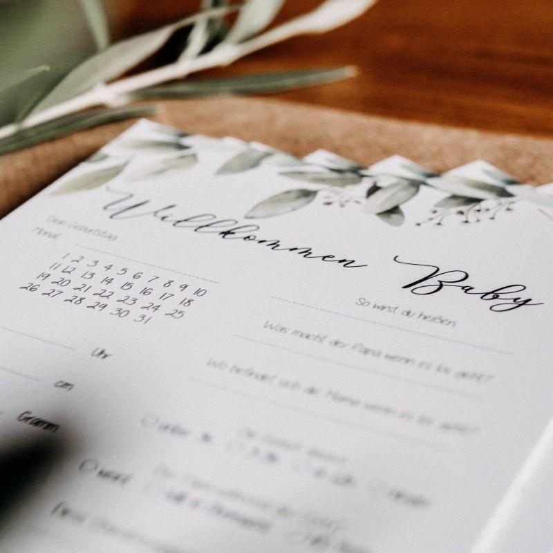 10 German Newborn Welcome Cards, Watercolor Leaf Baby Party Greeting Cards, Baby Birth Info Guessing Game, Interactive Paper