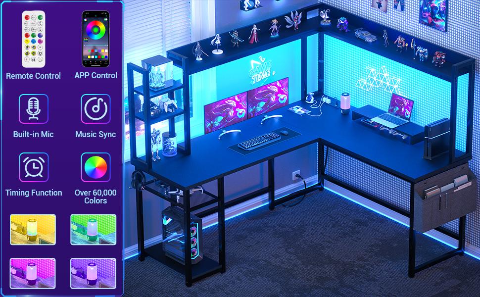 L Shaped Gaming Desk, Reversible L Shaped Desk with Power Outlet and Led Lights, Gaming Desk Corner Computer Desk with Hutch, Monitor Stand and Storage Bag for Home Office, Black