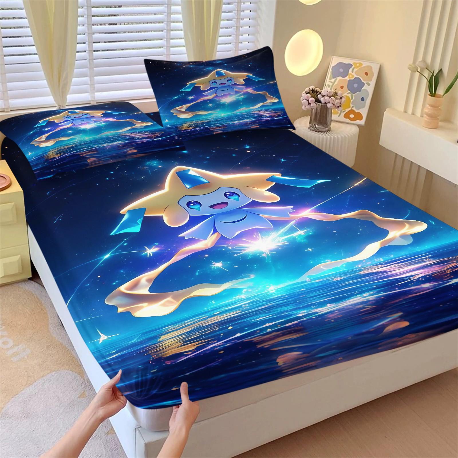 3-Piece Pikachu Pattern Fitted Sheet Set, Soft And Durable Bedding Set Includes 1 Piece Flat Sheet And 2 Pieces Pillowcases, Daily Holiday Birthday Gift Bedroom Decorations For Kids And Adults