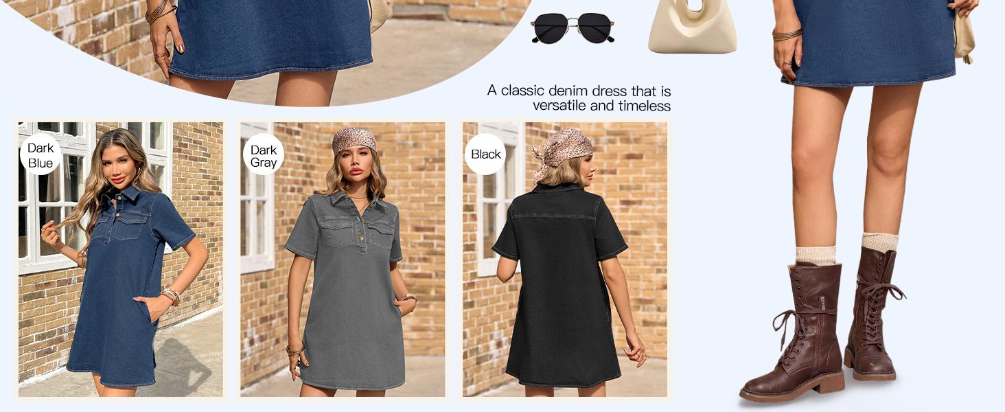 FMEYOA Womens Denim Shirt Dress Summer Collared V Neck Mini Casual Jean Dresses with Pockets