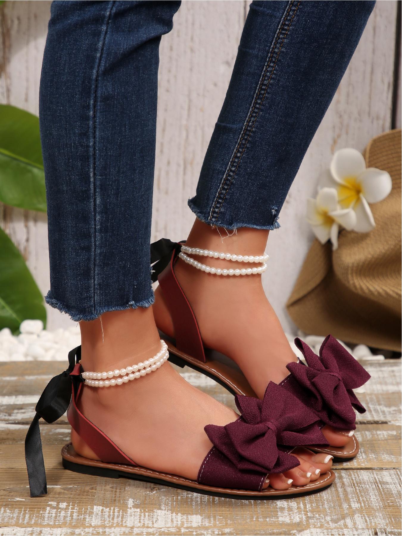 Women's Bow Decor Pearl Ankle Strap Flat Sandals, Open Toe Lace Up Bohemian Beach Shoes, Sizes 36-43 Multiple Colors